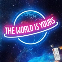 The World Is Yours Neon Sign With Remote Dimmer Ice Blue Pink Planet Led Neon Light Lamp For Wall Decor Man Cave Home Bar Game