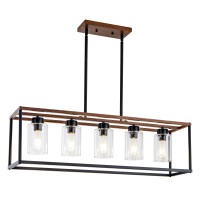 Hccz 5 Light Black Dining Room Light Fixture Over Table Faux Wood Farmhouse Chandelier Rectangle Pendent Lighting For Kitchen Li