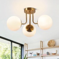 Bektas 3Lights Semi Flush Mount Ceiling Light Fixture Brushed Gold Light Fixture Bend Modeling With Milk Glass Globe For Bedroo