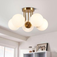 Bektas 5Lights Semi Flush Mount Ceiling Light Fixture Brushed Gold Light Fixture Bend Modeling With Milk Glass Globe For Bedroo