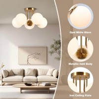 Bektas 5Lights Semi Flush Mount Ceiling Light Fixture Brushed Gold Light Fixture Bend Modeling With Milk Glass Globe For Bedroo