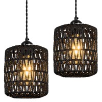 Bnhhlz Rattan Pendant Light Fixtures, 6.69'' Black Pendant Lights Kitchen Island Farmhouse Wicker Light Fixture Boho Hanging Lamp For Living Room Dining Room Foyer (2Pack)