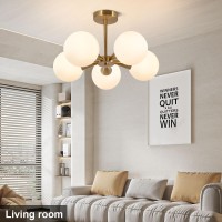 Bektas 5Lights Semi Flush Mount Ceiling Light Fixture Brushed Gold Light Fixture Straight Bar Modeling With Milk Glass Globe Fo