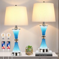 Set Of 2 Blue Crystal Bedroom Table Lamps With 2 Usb Charging Ports 3Way Dimmable Touch Control Coastal Bedside Lamp Modern N