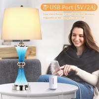 Set Of 2 Blue Crystal Bedroom Table Lamps With 2 Usb Charging Ports 3Way Dimmable Touch Control Coastal Bedside Lamp Modern N