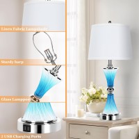 Set Of 2 Blue Crystal Bedroom Table Lamps With 2 Usb Charging Ports 3Way Dimmable Touch Control Coastal Bedside Lamp Modern N