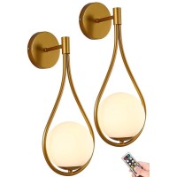 Glass Globe Wall Sconces Battery Operated Set Of 2,Usb Rechargeable Wall Lights Wihout Wiring,Wireless Remote Wall Lamp Fixture Indoor Decor Gold Brass For Living Room Bedroom Bathroom