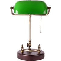 Wrajpqm Antique Banker Lamp, Retro Desk Lamp, Handmade Green Glass Shade, Adjustable Metal Table Lamp Vintage Library Lamp, Wood Base, E27 Socket, Pull Switch