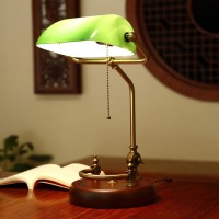 Wrajpqm Antique Banker Lamp, Retro Desk Lamp, Handmade Green Glass Shade, Adjustable Metal Table Lamp Vintage Library Lamp, Wood Base, E27 Socket, Pull Switch