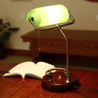 Wrajpqm Antique Banker Lamp, Retro Desk Lamp, Handmade Green Glass Shade, Adjustable Metal Table Lamp Vintage Library Lamp, Wood Base, E27 Socket, Pull Switch