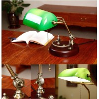 Wrajpqm Antique Banker Lamp, Retro Desk Lamp, Handmade Green Glass Shade, Adjustable Metal Table Lamp Vintage Library Lamp, Wood Base, E27 Socket, Pull Switch