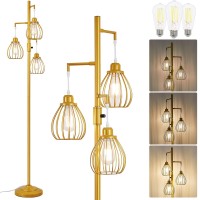 Dylbrihom Dimmable Industrial Floor Lamp Farmhouse Floor Lamps With 3 Elegant Teardrop Cages Gold Rustic Floor Lamps Tall Retr