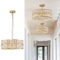 Catiner Modern Crystal Chandelier For Dining Room Gold Semi Flush Mount Ceiling Light Fixtures 18 Large Round Crystal Pendant