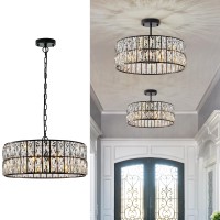 Catiner Black Crystal Chandelier 6Lights Crystal Pendant Light Large 18 Inches Drum Semi Flush Mount Ceiling Lights For Dining