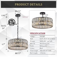 Catiner Black Crystal Chandelier 6Lights Crystal Pendant Light Large 18 Inches Drum Semi Flush Mount Ceiling Lights For Dining