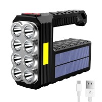 Solar Flashlight Rechargeable 8 Led Handheld With Cob Sidelight High Lumens 3 Modes Searchlight Portable Lightweight Waterproo