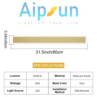 Aipsun Outdoor Wall Sconce 30W Led Modern Porch Patio Wall Light Fixture Gold Exterior Wall Lights Long Strip Frosted White Acrylic 3000K For House Living Room Corridor(2 Packs)