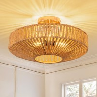 Zswanbei D197 Inch Boho Chandelier Rattan Ceiling Light Fixture 3 Lights Boho Flush Mount Ceiling Light For Kitchen Dining Room