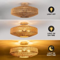 Zswanbei D197 Inch Boho Chandelier Rattan Ceiling Light Fixture 3 Lights Boho Flush Mount Ceiling Light For Kitchen Dining Room