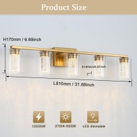 Emong 5Light Gold Bathroom Light Fixtures Dimmable 5Cct Led Vanity Lights With Crystal Bubble And Clear Glass 2700K6500K Adjus