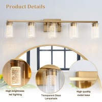 Emong 5Light Gold Bathroom Light Fixtures Dimmable 5Cct Led Vanity Lights With Crystal Bubble And Clear Glass 2700K6500K Adjus