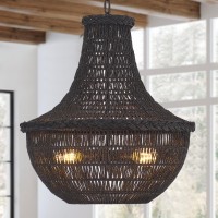 Farmhouse 4-Lights Black Hand-Woven Rattan Chandelier Vintage Boho Bamboo Black Chandelier Light Fixture Retro Rustic Wicker Golden Rattan Chandelier For Dining Room, Kitchen, Living Room, Bedroom