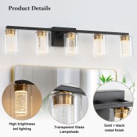 Emong 5Light Blackgold Bathroom Light Fixtures Dimmable 5Cct Led Vanity Lights With Clear Glass 2700K6500K Adjustable Crystal