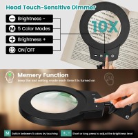 Kuvrs 10X Magnifying Glass With Light And Stand 5 Color Touch Sensitive Stepless Dimmer Magnifying Lamp With Clamp Memory Func