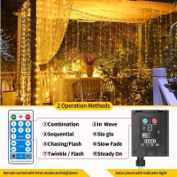 Qlirjad Solar Curtain Lights 300Led Waterfall Light With Waterproof 8 Modes Remote Usb Rechargeable Dimmable Timer Hanging Twinkle Fairy String Lights For Outdoor Christmas Gazebo Party Wedding