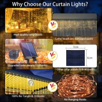 Qlirjad Solar Curtain Lights 300Led Waterfall Light With Waterproof 8 Modes Remote Usb Rechargeable Dimmable Timer Hanging Twinkle Fairy String Lights For Outdoor Christmas Gazebo Party Wedding