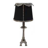 14 Inch Table Lamp, Metal Trimmed Shade, Nickel Finish, Eiffel Tower Base