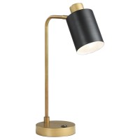 18 Inch Metal Table Lamp, Matte Black Cylindrical Shade, Antique Brass Base