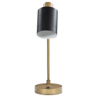 18 Inch Metal Table Lamp, Matte Black Cylindrical Shade, Antique Brass Base