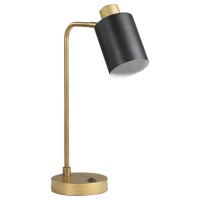 18 Inch Metal Table Lamp, Matte Black Cylindrical Shade, Antique Brass Base