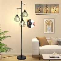 Dimmable Floor Lamp Farmhouse Industrial Standing Lamp With 3 Pcs 7W Led Edison Bulbs 3 Light Elegant Teardrop Cage Heads Bl