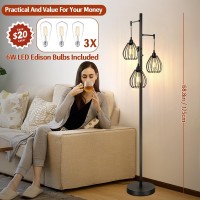 Dimmable Floor Lamp Farmhouse Industrial Standing Lamp With 3 Pcs 7W Led Edison Bulbs 3 Light Elegant Teardrop Cage Heads Bl