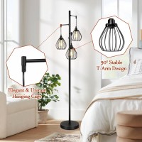 Dimmable Floor Lamp Farmhouse Industrial Standing Lamp With 3 Pcs 7W Led Edison Bulbs 3 Light Elegant Teardrop Cage Heads Bl