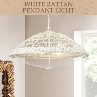 Zeyu 3-Light Bohemian Rattan Pendant Light For Living Room Bedroom, Modern Handwoven Ceiling Hanging Lamp With Clear Glass Shade, White Finish, Zg92Mil Wh