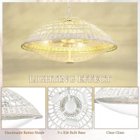 Zeyu 3-Light Bohemian Rattan Pendant Light For Living Room Bedroom, Modern Handwoven Ceiling Hanging Lamp With Clear Glass Shade, White Finish, Zg92Mil Wh