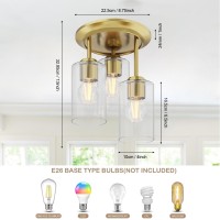 Kalium Gold Semi Flush Mount Ceiling Light 3Light Fixtures Ceiling Mount With Clear Glass Shades Hallway Lighting Fixtures Fo