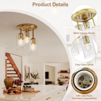 Kalium Gold Semi Flush Mount Ceiling Light 3Light Fixtures Ceiling Mount With Clear Glass Shades Hallway Lighting Fixtures Fo