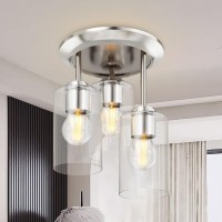 Kalium Silver Semi Flush Mount Ceiling Light 3Light Fixtures Ceiling Mount With Clear Glass Shades Hallway Lighting Fixtures