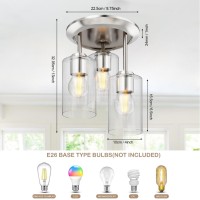 Kalium Silver Semi Flush Mount Ceiling Light 3Light Fixtures Ceiling Mount With Clear Glass Shades Hallway Lighting Fixtures