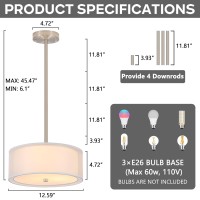 Luupyia 3Light Fabric Drum Pendant Lighting With Double Fabric Shade 1259 Inches Simple Modern Semi Flush Mount Ceiling Light