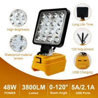 Portable Cordless Led Work Light For Dewalt 20V Battery 48W 3800Lumens Flood Lights Outdoor With Two Usb Charging Ports For Wo