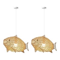 Fish-Shaped Chandelier 26Inch Weaving Natural Wicker Ceiling Hanging Light Pendant Lighting Rattan Light Woven Droplight With Adjustable Cord For Dining Room Living Room Restaurant ( Size : 2 Packs )