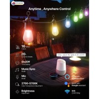 Lphianx 49Ft Smart Outdoor String Lights, Patio Lights With Remote & App Control, Patio Lights With 15 Waterproof Shatterproof Led Bulbs, Smart Rgb String Lights Outsides Work With Alexa