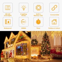 Orahon Icicle Christmas Lights Outdoor, 32.8Ft 400Led Christmas Curtain String Lights With 8 Modes & Memory Timer Waterproof For Christmas Decorations Wedding Party Holiday (Warm White)