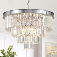 A Axilixi Chrome Crystal Chandelier 24 Modern Chandelier For Dining Room Round Ceiling Pendant Light Fixture 4 Tiers 12 Light