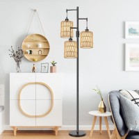 Dimmable Floor Lamp For Living Room With 3 Rattan Boho Shades Farmhouse Floor Lamps With Three Led Bulb Boho Rustic Standing La